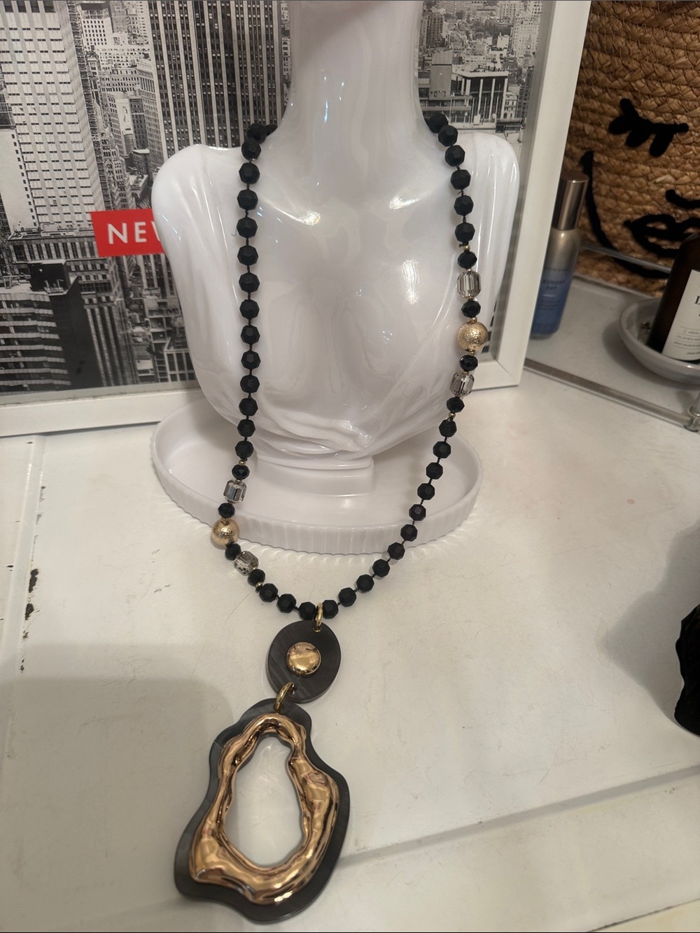 Black and Gold Sculptural Pendant Long Necklace